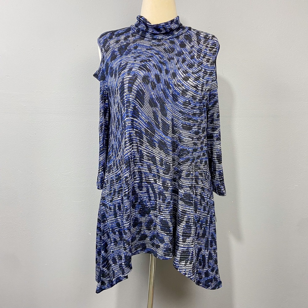 Clara Sun Woo Leopard Print Open Shoulder Tunic Sweater Sz L Blue Black Knit